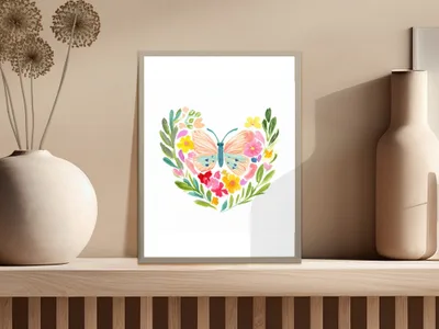 Watercolor butterfly with floral heart and pastel colors on white background.