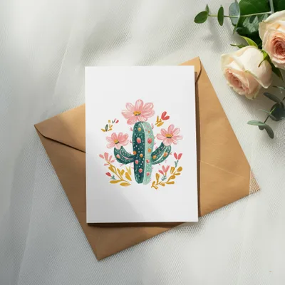 Greeting card with a floral cactus illustration on a brown envelope.