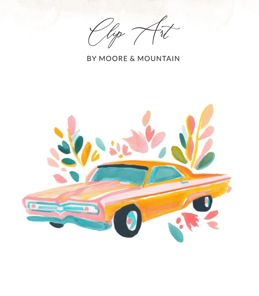 Yellow vintage car with colorful abstract floral elements.