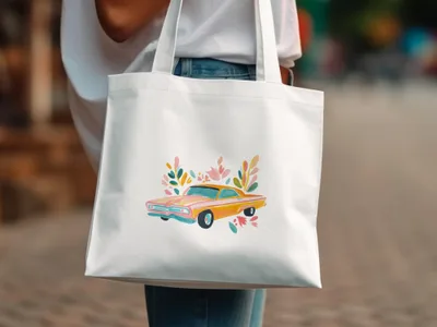 White tote bag with watercolor illustration of a vintage orange car and floral accents.