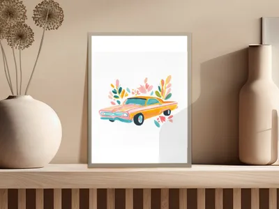 Watercolor painting of a vintage orange car with colorful floral accents.