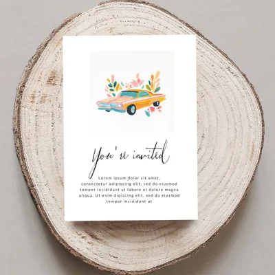 Invitation card with "You're invited" and floral car illustration.