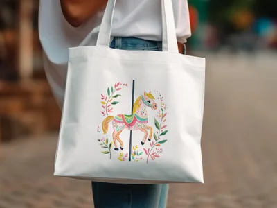 White tote bag with carousel horse and floral design.