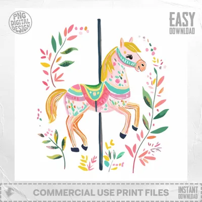 Pink carousel horse with floral accents, "PNG DIGITAL DESIGN" and "EASY DOWNLOAD".