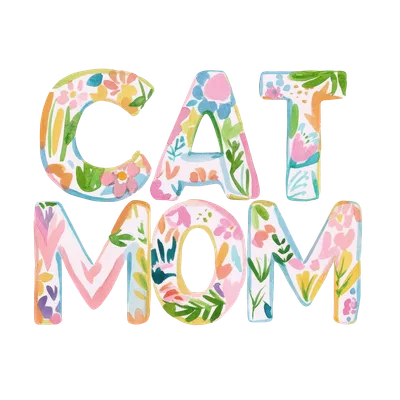"CAT MOM" lettering in colorful floral watercolor pattern on black background.