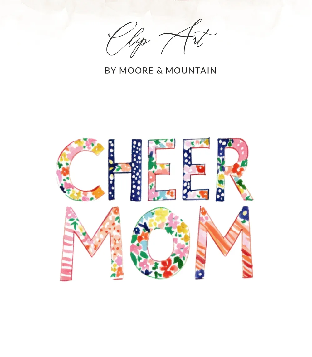 Cheer Mom text with floral and polka dot watercolor lettering.