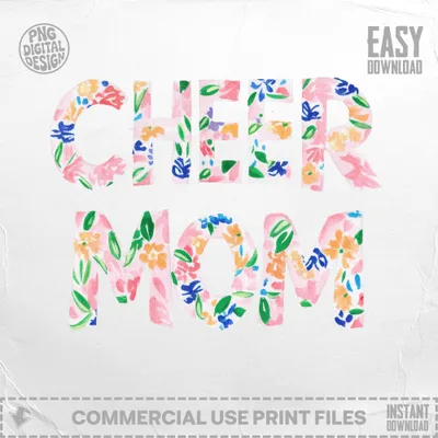 Floral "Cheer Mom" text with "Easy Download" and "Commercial Use" notes.