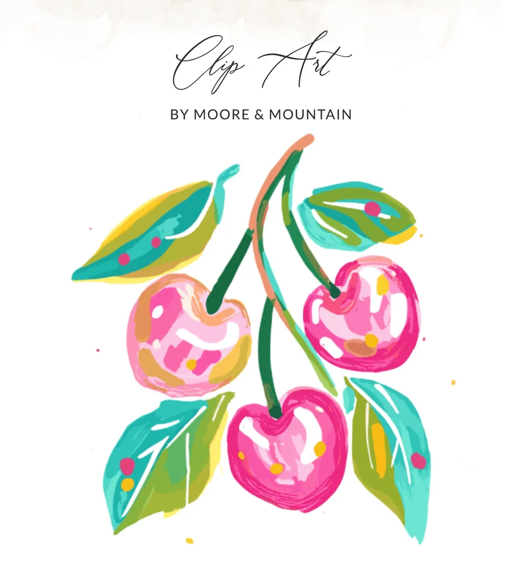 Colorful clip art featuring three cherries with leaves and stem.