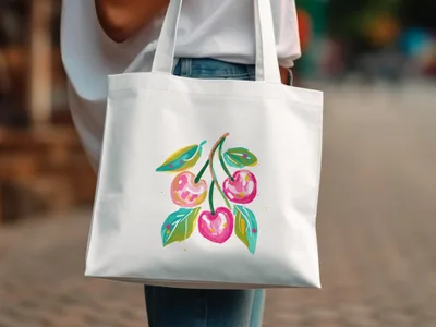 White tote bag with a watercolor painting of three cherries and green leaves.