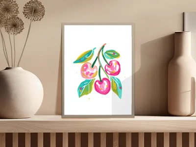 Vibrant watercolor cherries with green leaves on a white background, framed.