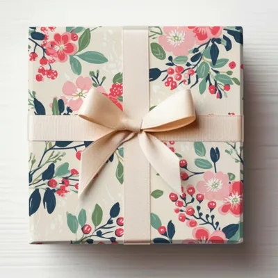 Floral Pattern Gift Wrap with Cream Ribbon Gift Box