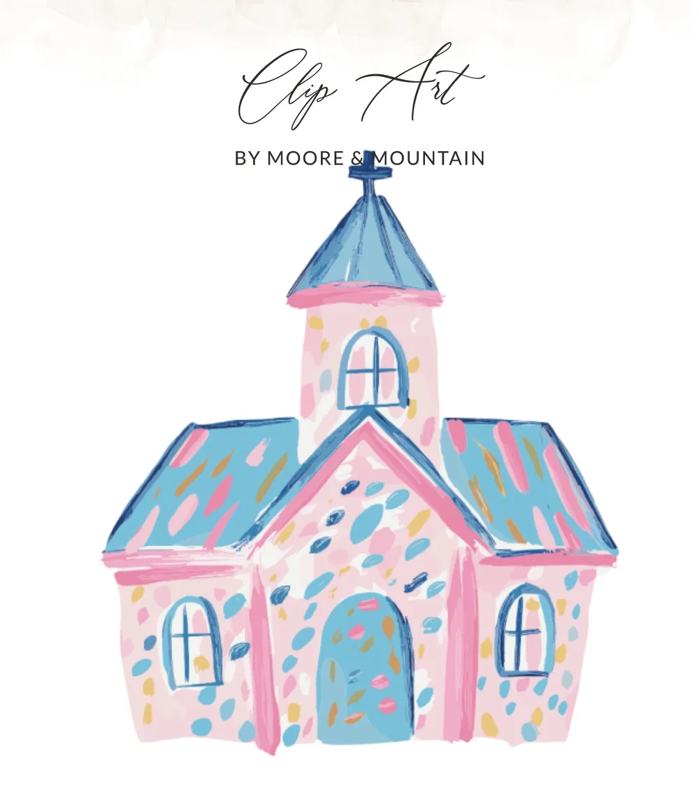 Pink and blue cartoon church with "Clip Art By Moore & Mountain" text.