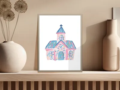 Watercolor illustration of a pink and blue church with a cross and arched windows.