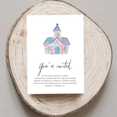 Invitation with watercolor church illustration and "You're invited" text.