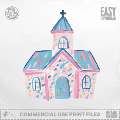 Pink cartoon church with blue roof and colorful abstract pattern.