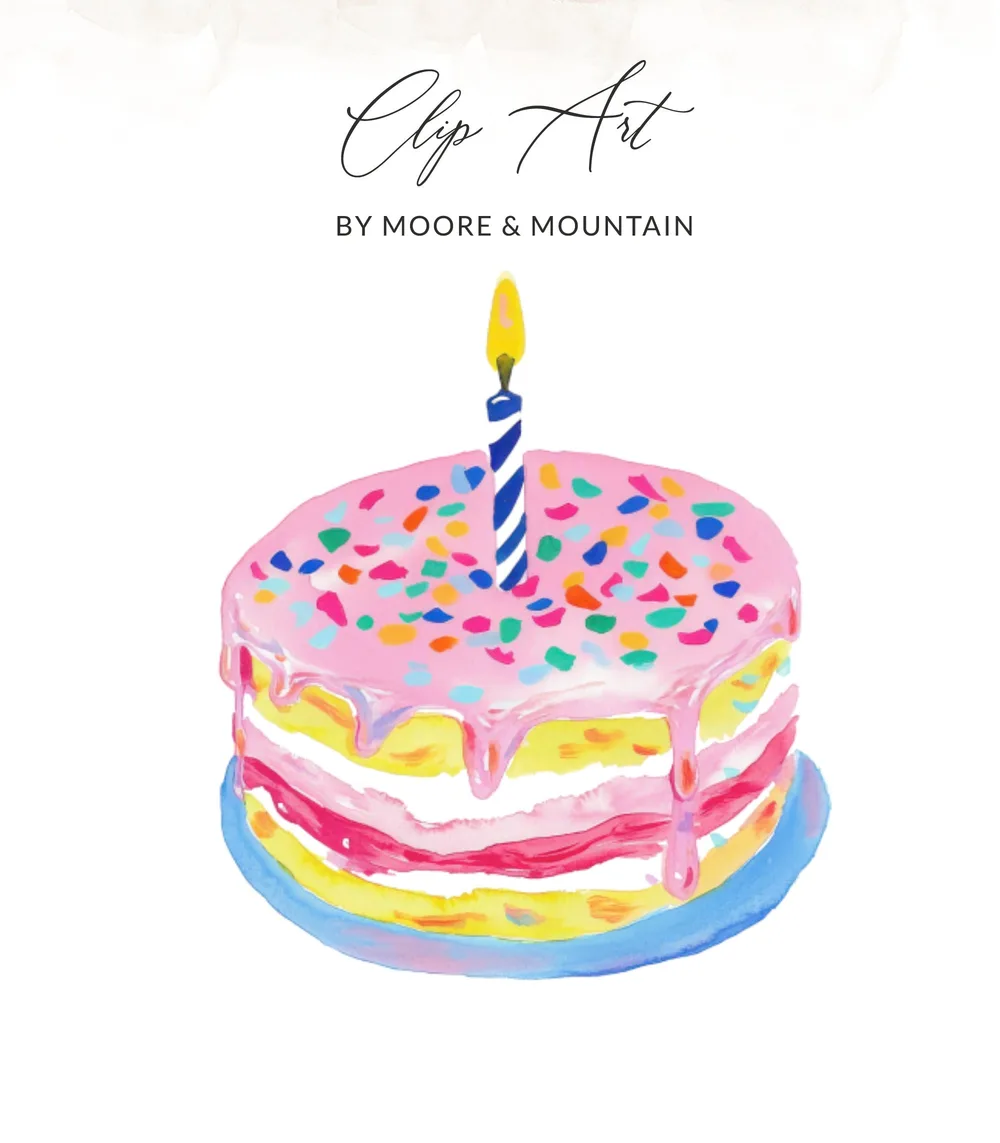 Watercolor birthday cake with pink icing, sprinkles, and a lit candle.
