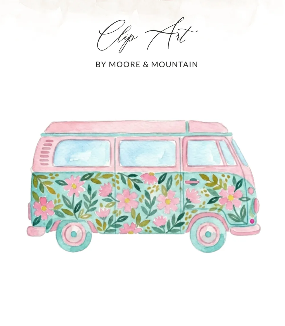 Watercolor illustration of a pink and blue camper van with floral pattern.