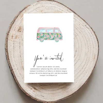 Invitation with floral watercolor van and "You're invited" text.