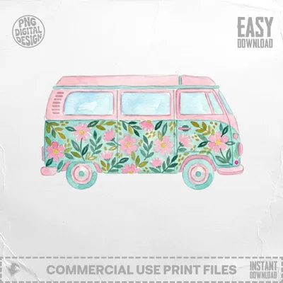 Pink and blue watercolor camper van with floral pattern.