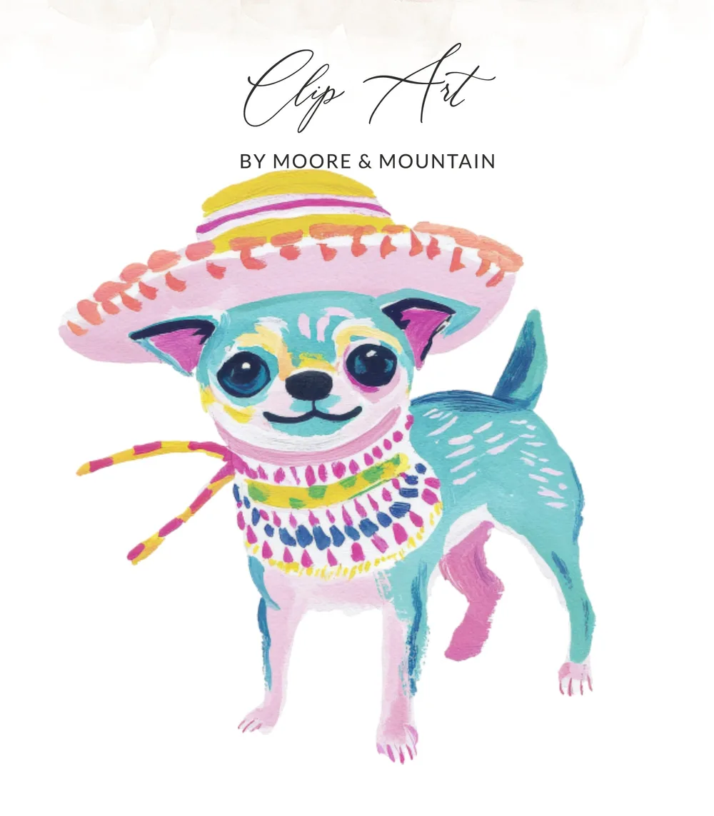 Turquoise chihuahua wearing a colorful sombrero and beaded necklace.
