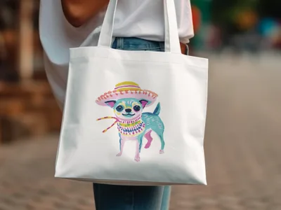 White tote bag with colorful illustrated chihuahua wearing a sombrero and bandana.