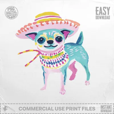 Chihuahua in sombrero and bandana, digital design for commercial use.