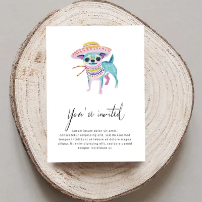 Chihuahua in sombrero on invitation with "You're invited" text.