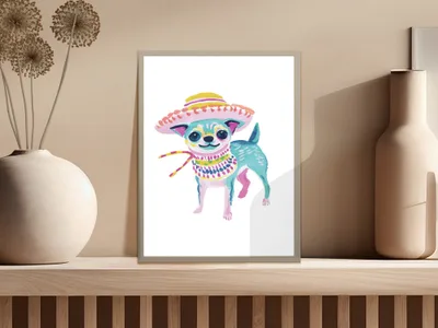 Chihuahua wearing a sombrero and colorful bandana in a framed artwork.