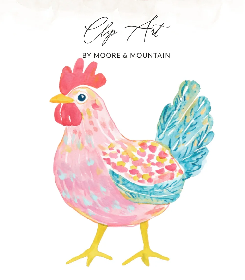 Pink watercolor chicken with blue tail feathers and "Clip Art" text.