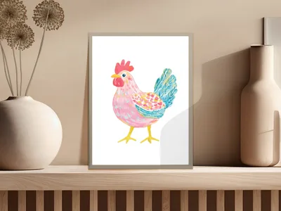 Whimsical watercolor illustration of a pink and blue rooster on a neutral background.
