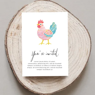 Watercolor chicken illustration on "You're Invited" card with placeholder text.