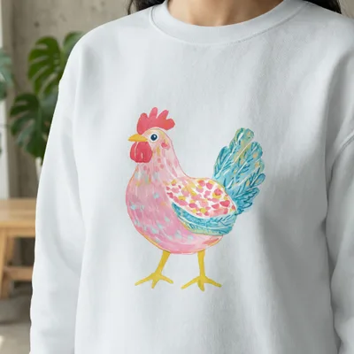 Pink and yellow watercolor chicken with blue tail feathers on a white sweatshirt.