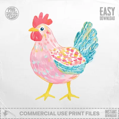 Pink rooster with teal and yellow accents, watercolor illustration.
