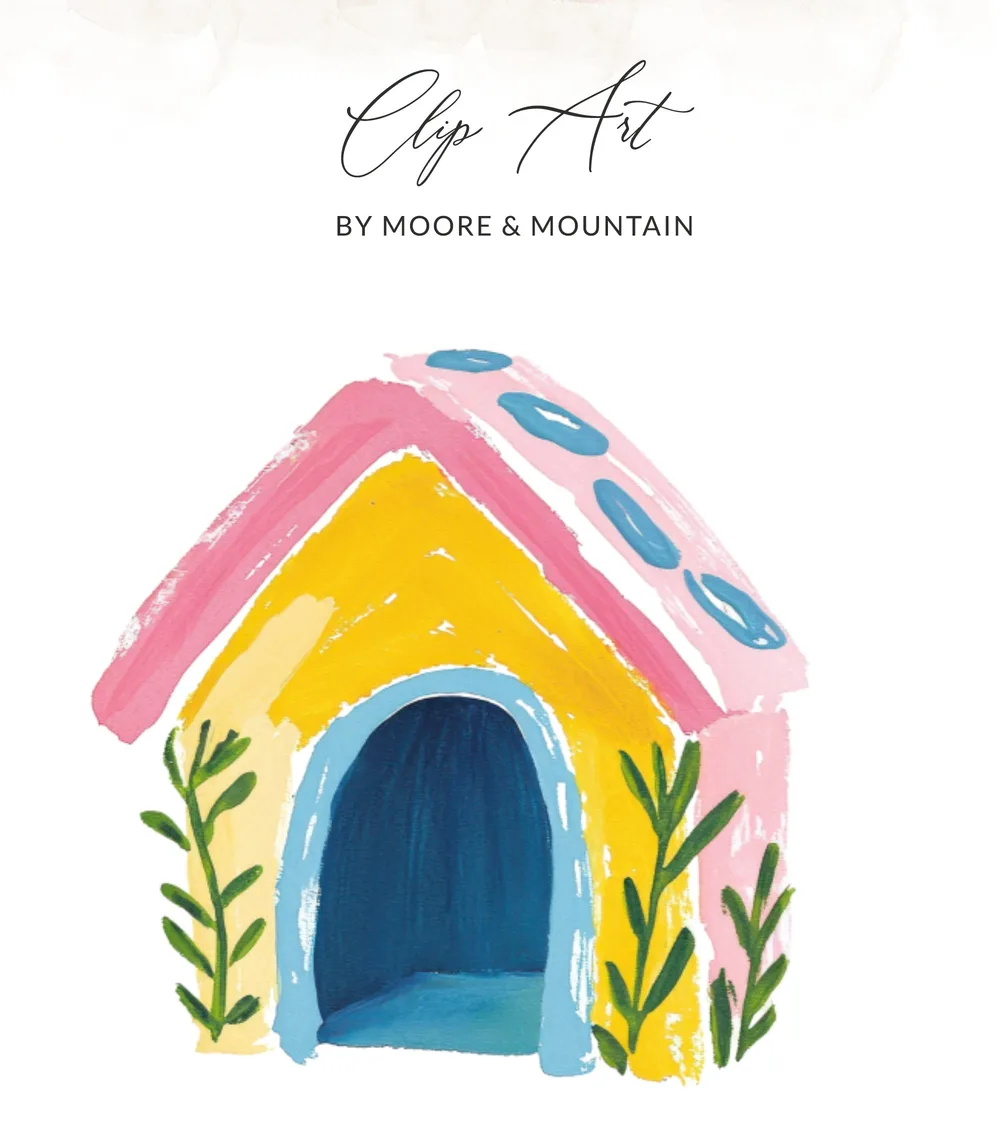 Whimsical pink and yellow house with blue accents and green leaves.