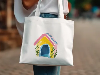 White canvas tote bag with a whimsical, colorful dog house illustration.