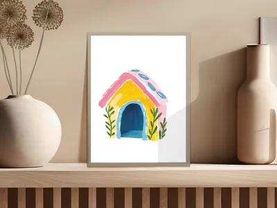 Colorful cartoon doghouse with yellow roof and blue door on shelf.