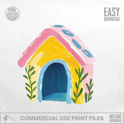 Hand-painted whimsical house with blue door, pink and yellow walls, and green sprigs.