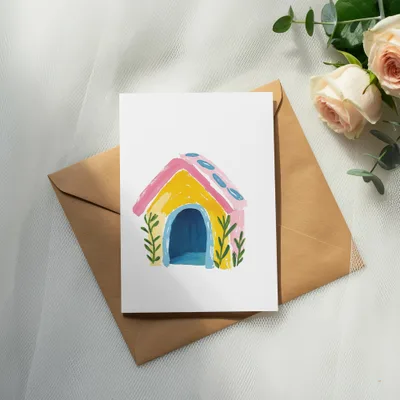 Watercolor illustration of a colorful dog house on a brown envelope.