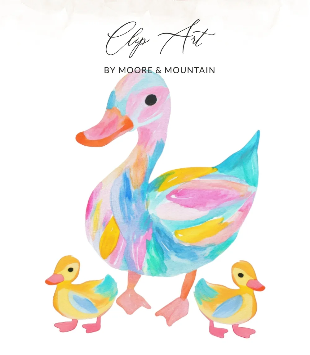 Colorful duck with two yellow ducklings, "Clip Art by Moore & Mountain".