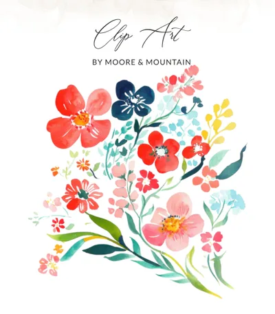 Preppy Clip Art Floral Bouquet Clipart, Vibrant Red Pink Blue Flowers, Digital Download PNG, Instant Art Print, Scrapbooking Graphics, Card SVG