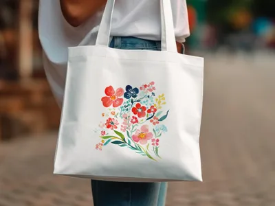 White tote bag with a colorful floral watercolor design.