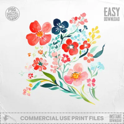 Watercolor floral bouquet with red, pink, blue, and yellow flowers.