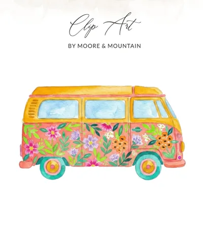 Preppy Clip Art Floral Camper Van Watercolor PNG SVG, Boho Hippie Bus Digital Download, Retro Travel Van Life Design for Crafts