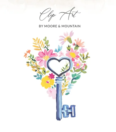Preppy Clip Art Floral Key SVG, Watercolor Heart Key Digital Art, Flower Skeleton Key Digital Download, Wedding Planner SVG SVG