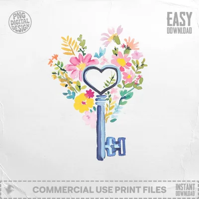 Watercolor heart-shaped key with floral bouquet, "Easy Download" text.