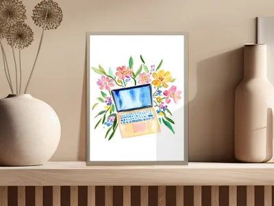 Preppy Clip Art Floral Laptop PNG SVG Sublimation File. Digital Art for Remote Worker & Student Gift. Cozy WFH Desk Decor for Creator. SVG
