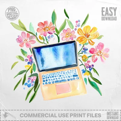 Preppy Clip Art Floral Laptop PNG SVG Sublimation File. Digital Art for Remote Worker & Student Gift. Cozy WFH Desk Decor for Creator. SVG