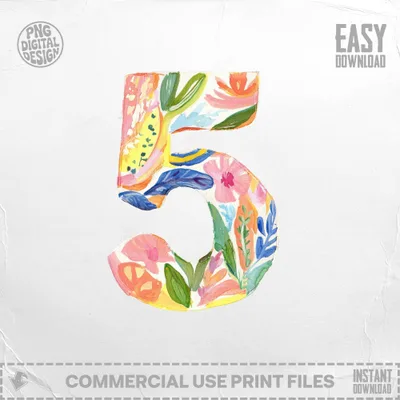Colorful watercolor number 5 with floral and abstract patterns.