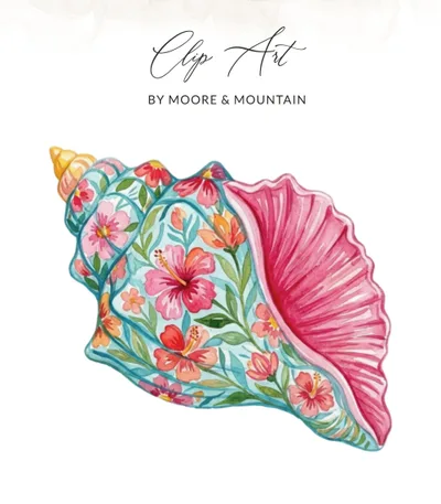 Preppy Clip Art, Floral Seashell Watercolor Digital Download PNG, Coastal Summer Beach Art, Vibrant Tropical Digital Clipart