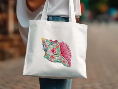 White tote bag with a colorful floral seashell illustration.